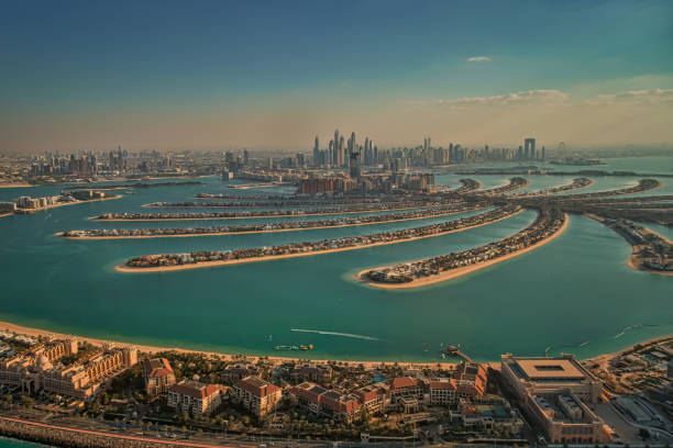 View from Dubai Palm Island. Skyscrapers in the background. The picture was taken from a helicopter.